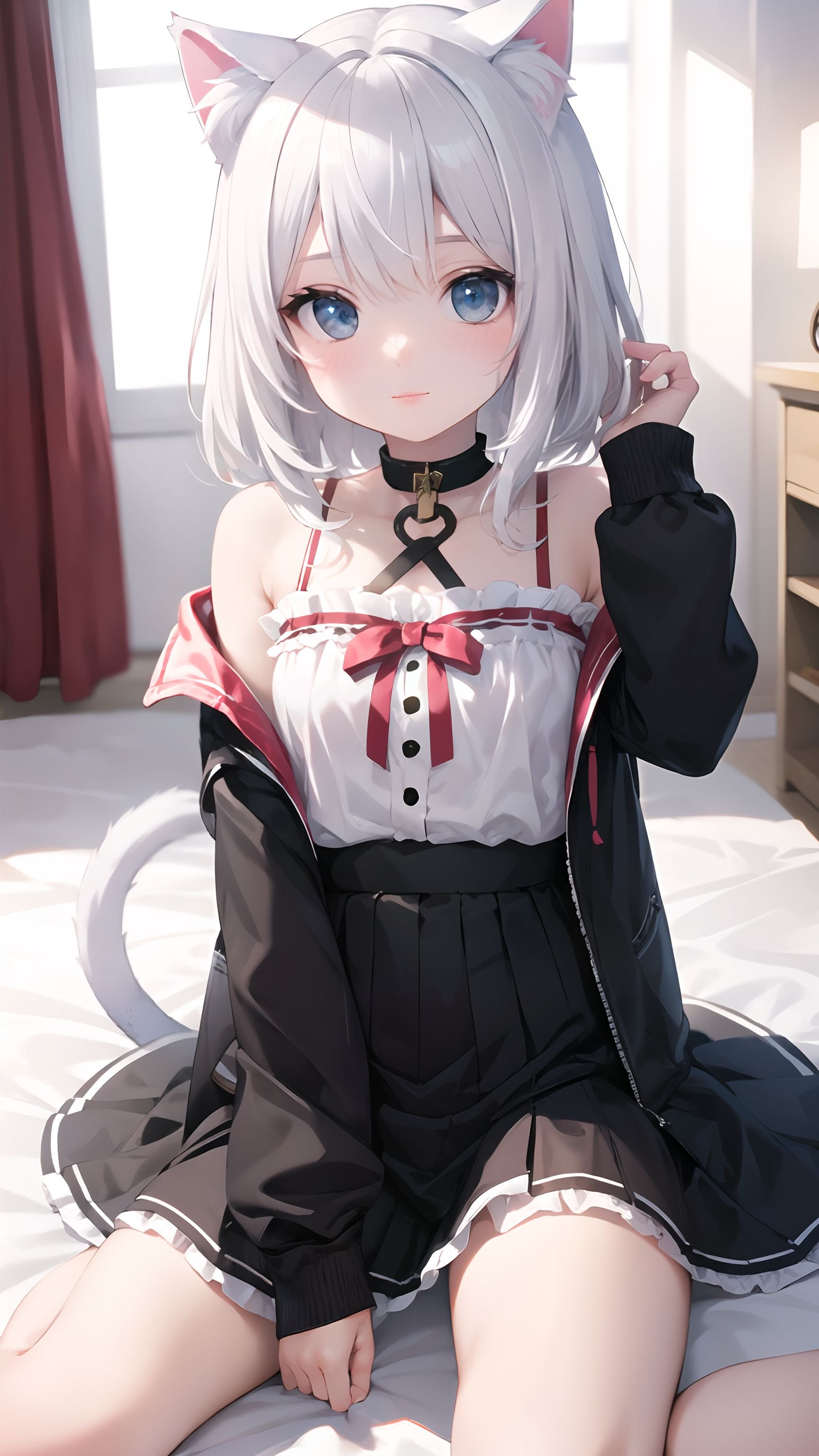 masterpiece,best quality,8k,loli,solo,white hair,kawaii,(depth of field),room,cat ear,