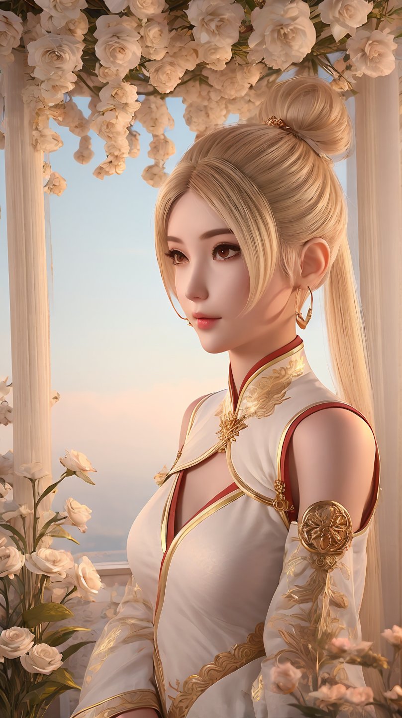 xne,1girl,solo,jewelry,hoop earrings,chinese clothes,blonde hair,mole under eye,mole,long hair,makeup,closed mouth,realistic,split sleeves and shoulders,clothing cutting,tanono,flower field,sky,,stenciled_rose,long_skirt,<lora:玫瑰花场景-王导:0.6>