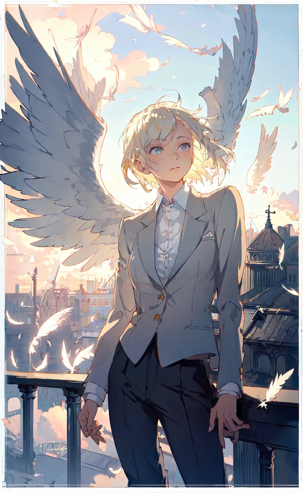 (border:1.3), masterpiece, best quality, realistic, 1girl, rooftop, leaning on rail, arm support, short hair, platinum blonde hair, blazer, shirt, trousers, angel wings, falling feathers, floating hair, wind, cloudy sky