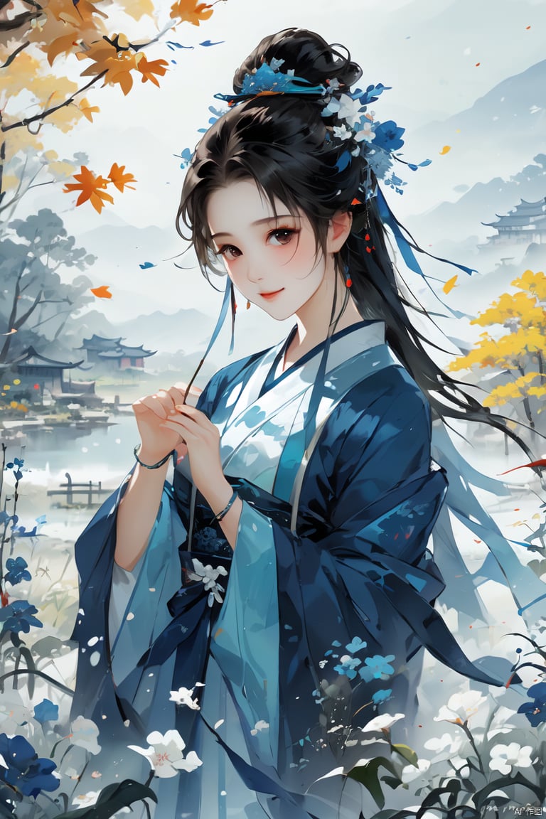 (Masterpiece), (best quality), illustrations, super detailed, HDR, depth of field, (color), loli, 1 girl, solo, maple leaf, autumn leaf, smile, leaf, holding a leaf, looking at the audience, blurry, Hanfu, bun, simple hair accessories, bracelet, Hanfu<lora:EMS-399285-EMS:1.000000>