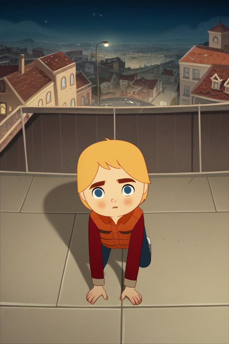 score_9, score_8_up, score_7_up, SongofTheSeaBen, SeaOfTheSea_Studio_Saloon_Style, vest, rooftop, human, city, vehicle, clothing, detailed background, 1boy, blonde hair, outside, disney, young, hi res, female, male focus, mammal, town, all fours, hair, male, building, anthro, orange hair, blue eyes, fur, outdoors, topwear, child, feral, night, clothed, looking at viewer, blush, absurd res, thick eyebrows, solo<lora:EMS-444535-EMS:1.000000>