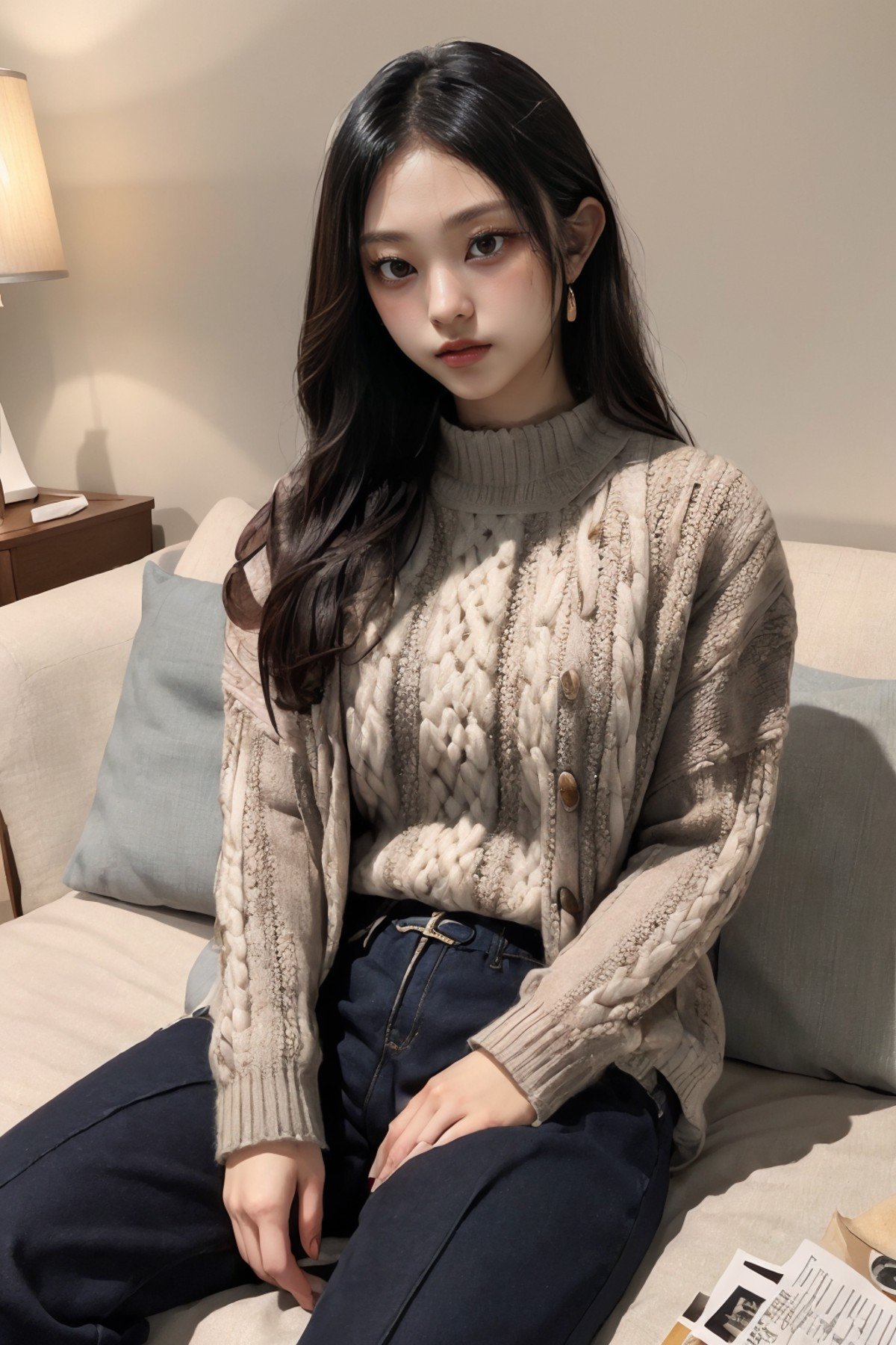 (masterpiece, best quality, 8k, RAW photo, beautiful and aesthetic:1.2), complex detail, Indirect light, photorealistic,((woman:1.5)),  Aran sweater blazer layered over a blouse and tailored pants with loafers,<lora:CatKang:1>, catkang, 