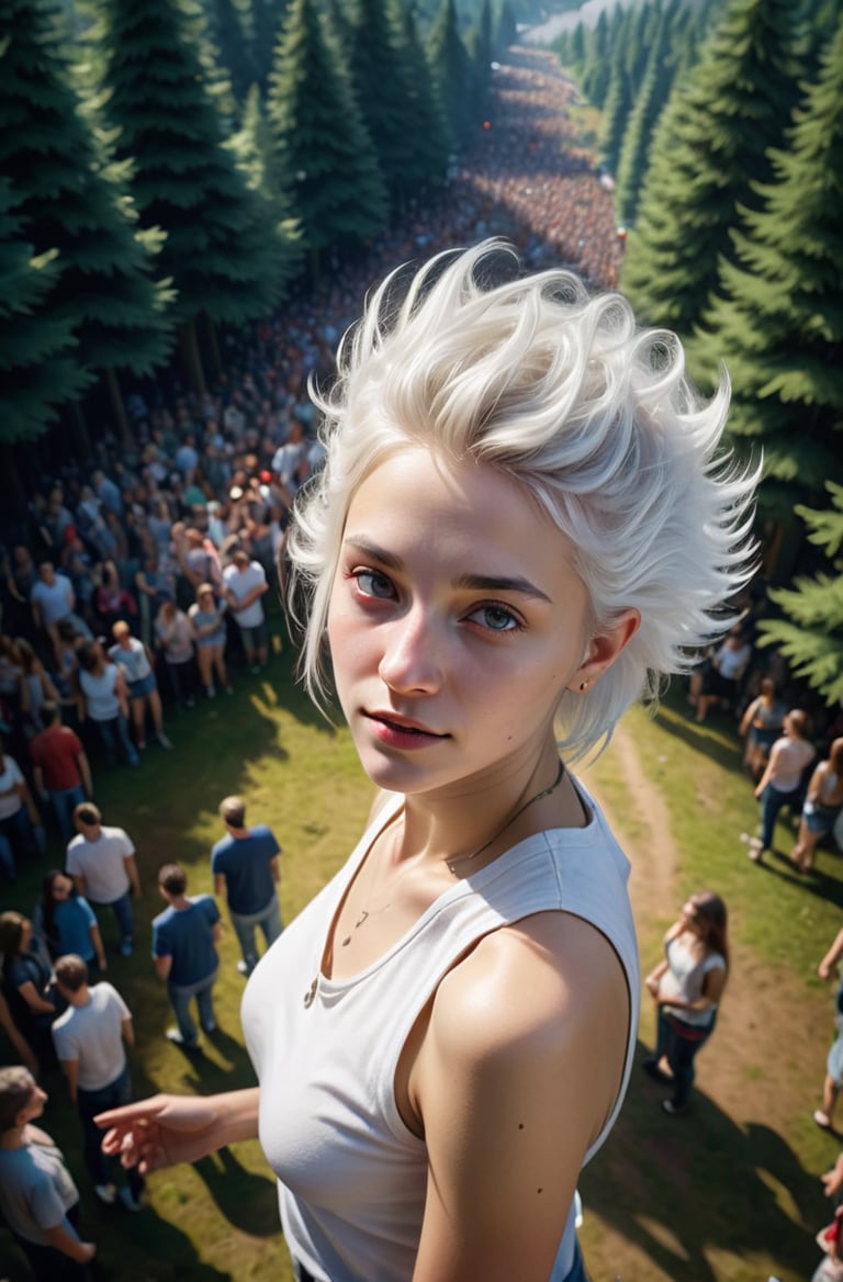 masterpiece of photorealism, photorealistic highly detailed 8k photography, best hyperrealistic quality, volumetric lighting and shadows, frohawk white hair young woman in casual clothes, Enchanted Forest Clearings full of busy people, 360-Degree Aerial View of a Festival