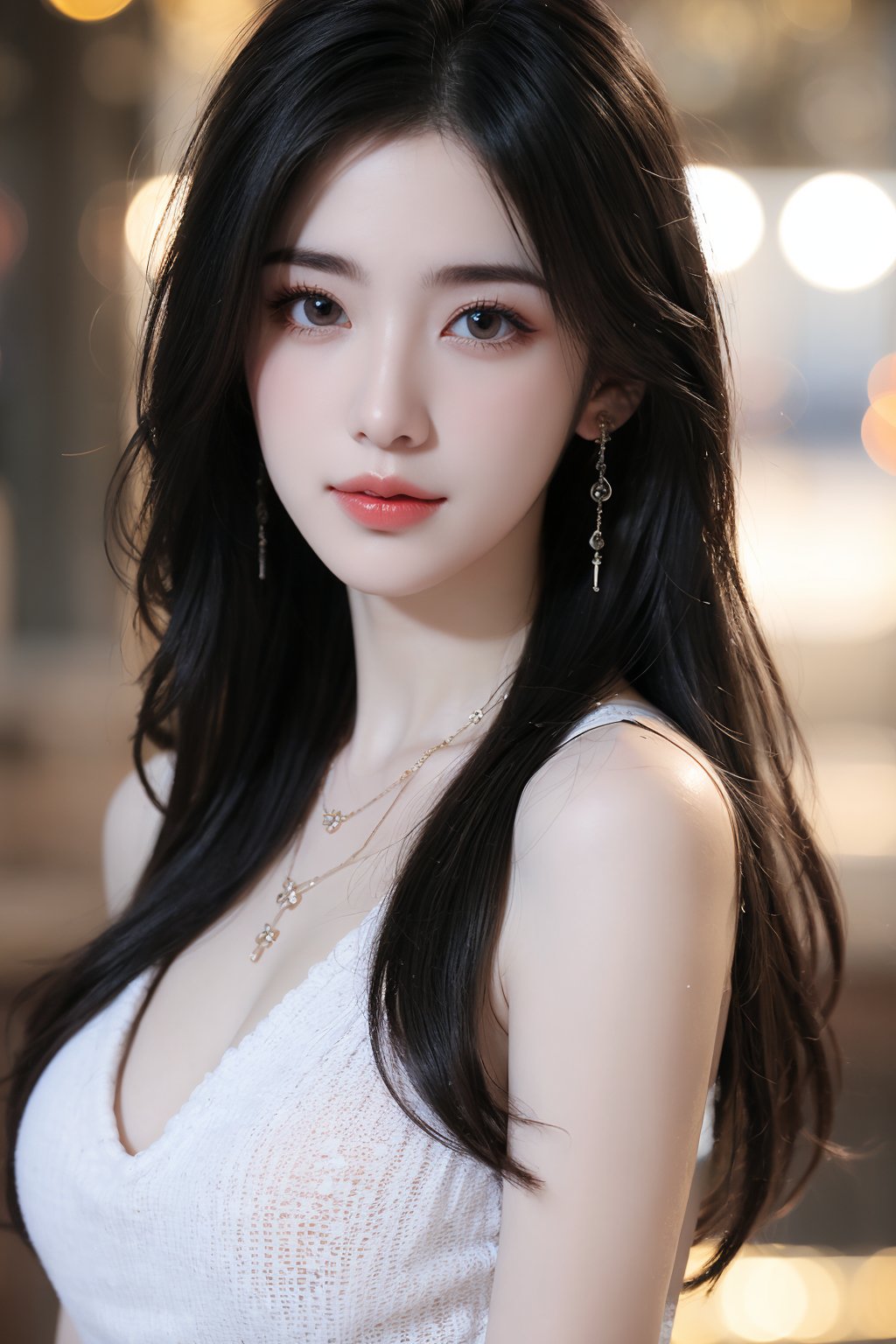 1girl, black hair, blurry, blurry background, bokeh, depth of field, jewelry, lens flare, lips, long hair, looking at viewer, necklace, outdoors, sleeveless, solo <lora:美女:0.8>