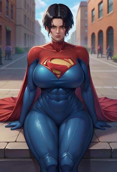 score_9,score_8_up,score_7_up,score_9,score_8_up,score_8,ultra detailed,beautiful face,detailed background,detailed face,4k,HD,8k,highres,antialiasing,detailed,texture BREAK <lora:supergirl:0.8>,SupergirlSC,1girl,short hair,large breasts,black hair,thighs,cape,bodysuit,covered navel,solo,muscular,thick thighs,skin tight,mature female,muscular female,red cape,superhero,blue bodysuit,cowboy shot,street background,street,sitting,