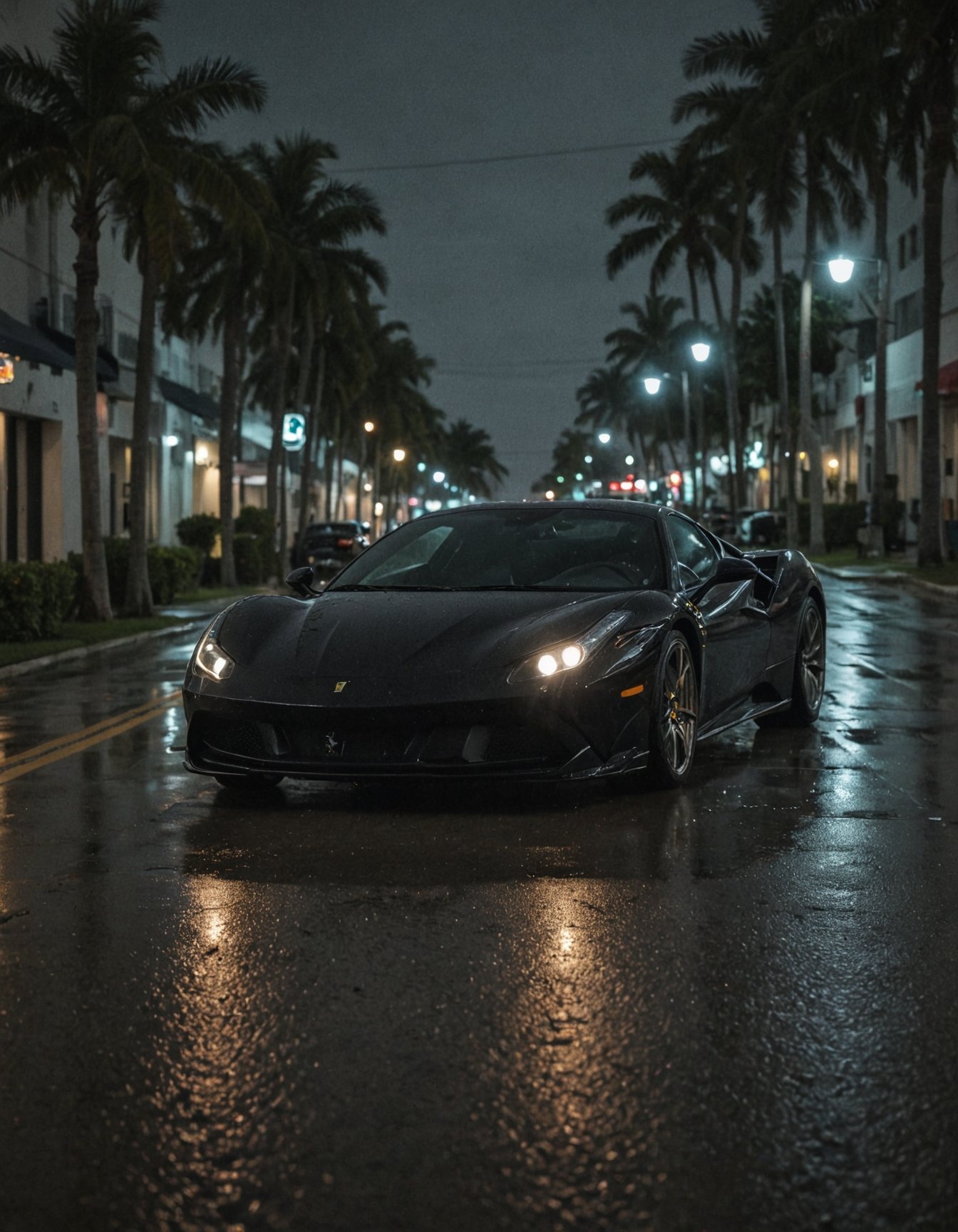 night photo, cinematic photo of black Ferrari, Miami, rainy weather, perfect lighting, vibrant, high detailed, epic