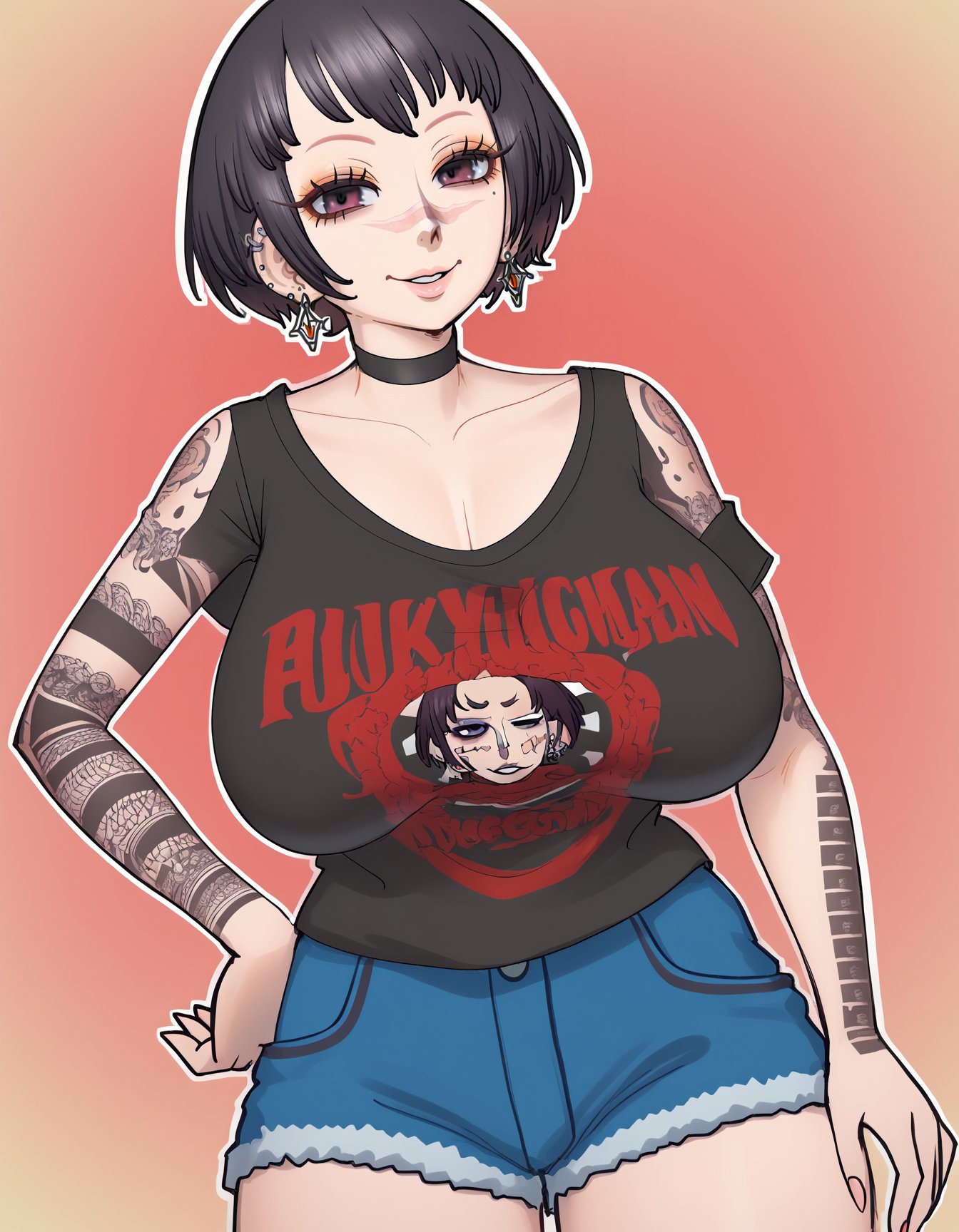 1girl,huge breasts,t-shirt, shorts,solo,smile,makeup,parted lips, choker  <lora:poechan_chan-koto-style XL 16 DIM:1> poechan <lora:ryona_(tomboy_sama)-koto-PonyXL:1> ryontm, short hair, jewelry, arm tattoo, black hair, scar on nose, earrings, ear piercing