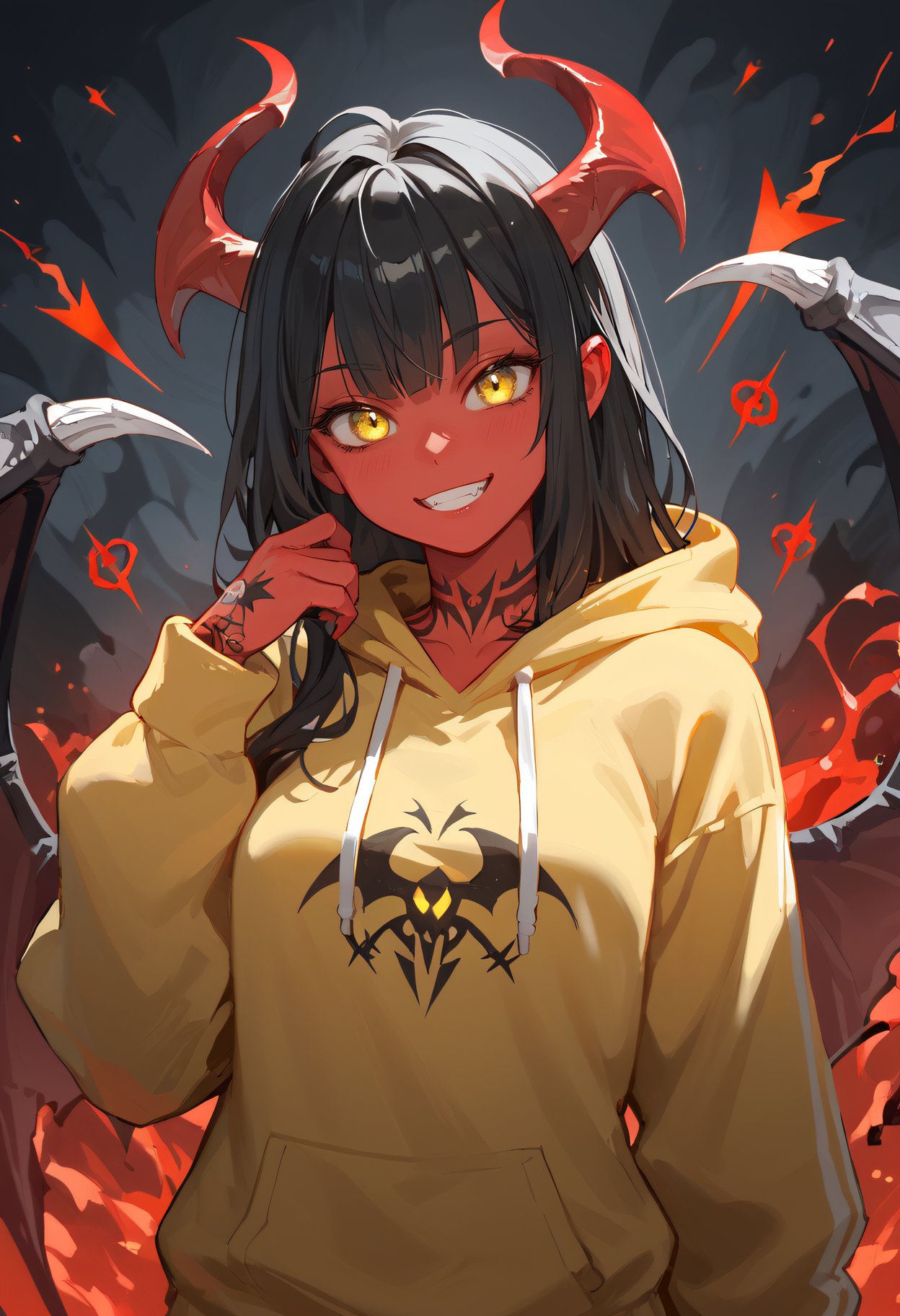 score_9, score_8_up, score_7_up, adult woman, hell background, cute, sexy, red skin, glowing symbols, long spiky black hair, yellow eyes, elven, tattoos, devil wings, mischievous smile, demon, yellow hoodie