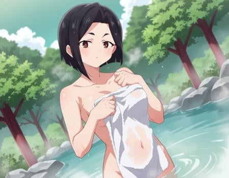 score_9, score_8_up, score_7_up, source_anime,sanaeyamada, <lora:sanae-yamada-s2-ponyxl-lora-nochekaiser:1>,sanae yamada, short hair, black hair, brown eyes,nude, naked, outdoors, onsen, towel, naked towel, steam, bathing, nude cover, partially submerged, water, bath, steam censor, wet towel,looking at viewer, cowboy shot, dutch angle, solo,