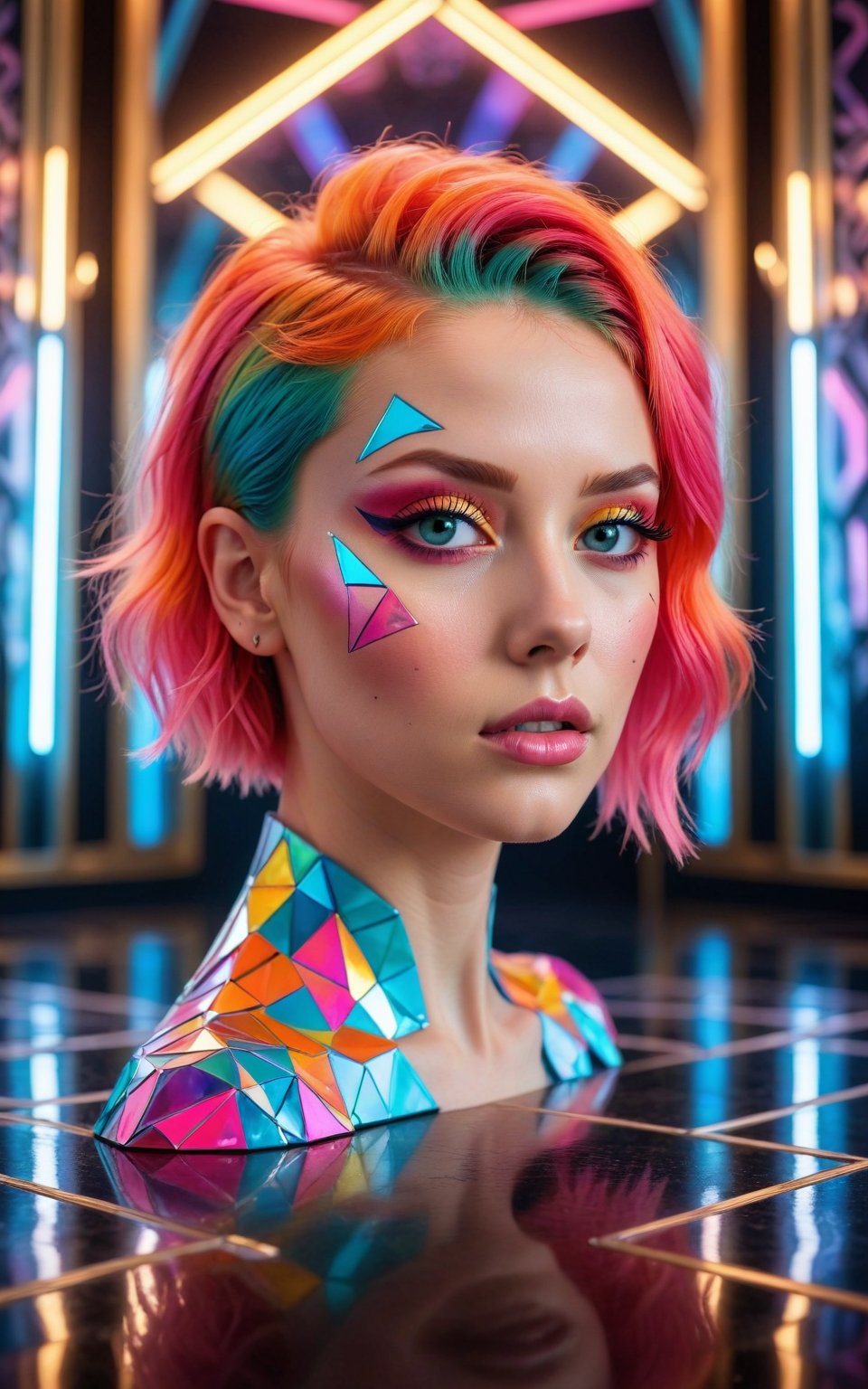 (best quality, 4K, 8K, high-resolution, masterpiece), ultra-detailed, photorealistic, young woman, vibrant neon hair, geometric Art Deco patterns on face, surreal dream-like setting, mirror-like floors, mirror-like walls, reflections, posing, intricate facial designs, modern fashion, ethereal lighting, digital art