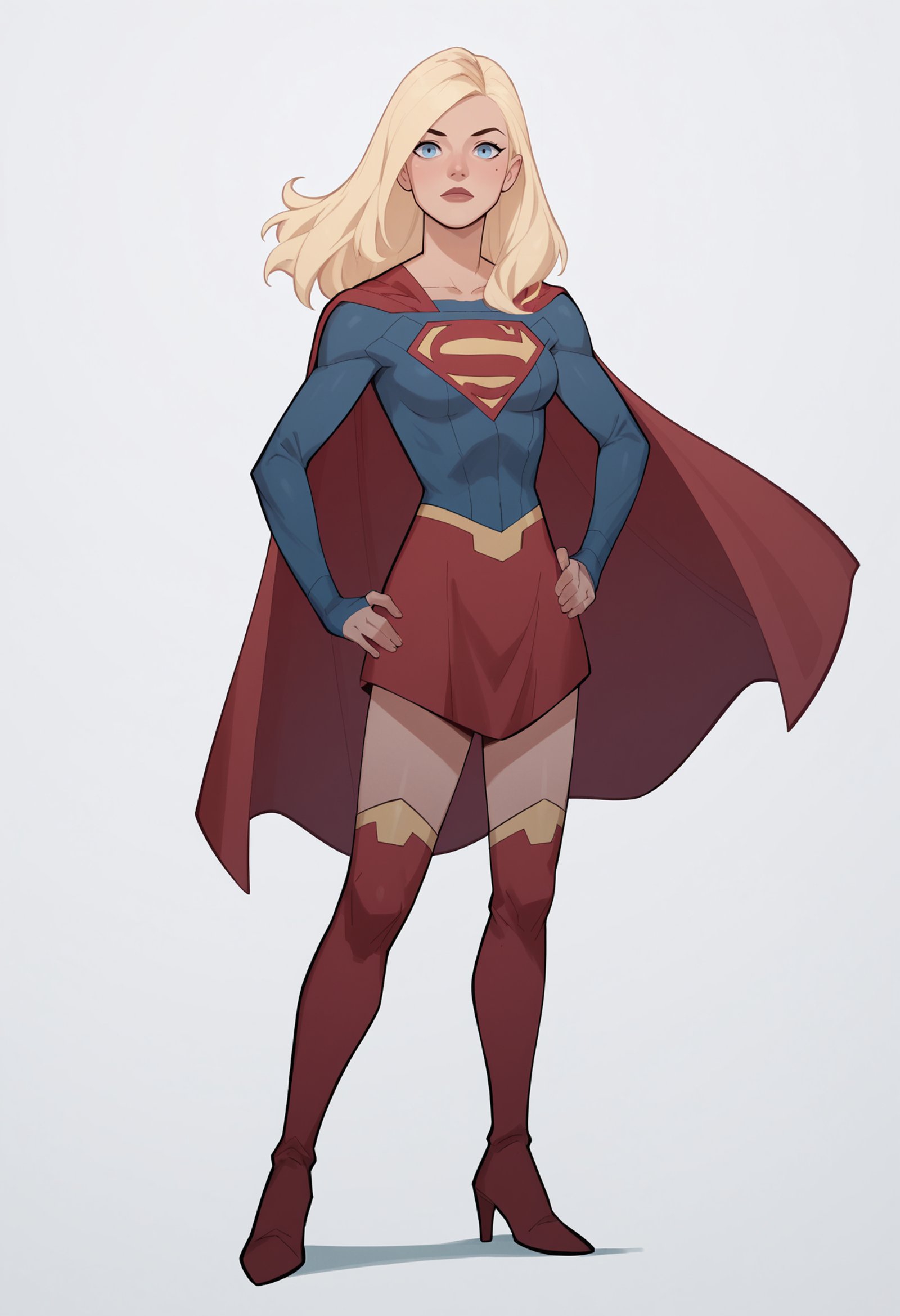 score_9, score_8_up, score_7_up, score_6_up, score_5_up, score_4_up, BREAK,1girl, losspgirl, blonde hair, long hair, blue eyes,bodysuit, long sleeves, red cape, red skirt, red high heels thigh boots,full body, standing, hands on hips, looking at viewer, solo, simple background, white background   <lora:SuperGirlDCXL:1>