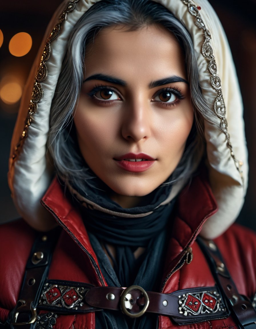 cinematic photo portrait, close up of a Rogue (beautiful woman:1.1) , she is dressed in traditional Syrian [Boyfriend jeans|Puffer coat], It looks Gruesome on her, she has Gray hair, she has a traditional Tunisian Harness, Constructivism Art, Ektachrome, Encaustic Paint, close-up, intense, stunning, ambient atmosphere, warm light, rich vivid colors . 35mm photograph, film, bokeh, professional, 4k, highly detailed