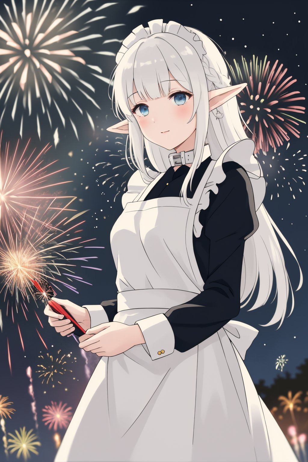 realistic,Nephelia,1girl,pointy ears,blue eyes,very long hair,white hair,elf,apron,maid,collar,braid,dress,long sleeves,frills,blunt bangs,hair ribbon,flowers,<lora:lbc_Nephelia_v1.0:0.8>,dynamic angle, finely detail, (bloom), (shine), glinting stars, ((((best detailed fireworks)))), ((((depth of field)))), (((hanabi))),(((backlight))),,