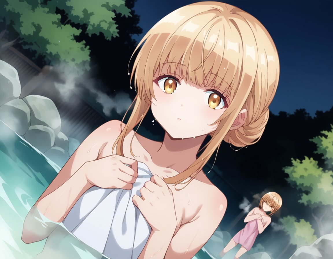 score_9, score_8_up, score_7_up, source_anime,mahirushiina, <lora:mahiru-shiina-s1-ponyxl-lora-nochekaiser:1>mahiru shiina, bangs, blonde hair, brown hair, yellow eyes,nude, naked, outdoors, onsen, towel, naked towel, steam, bathing, nude cover, partially submerged, water, bath, steam censor, wet towel,looking at viewer, dutch angle, cowboy shot