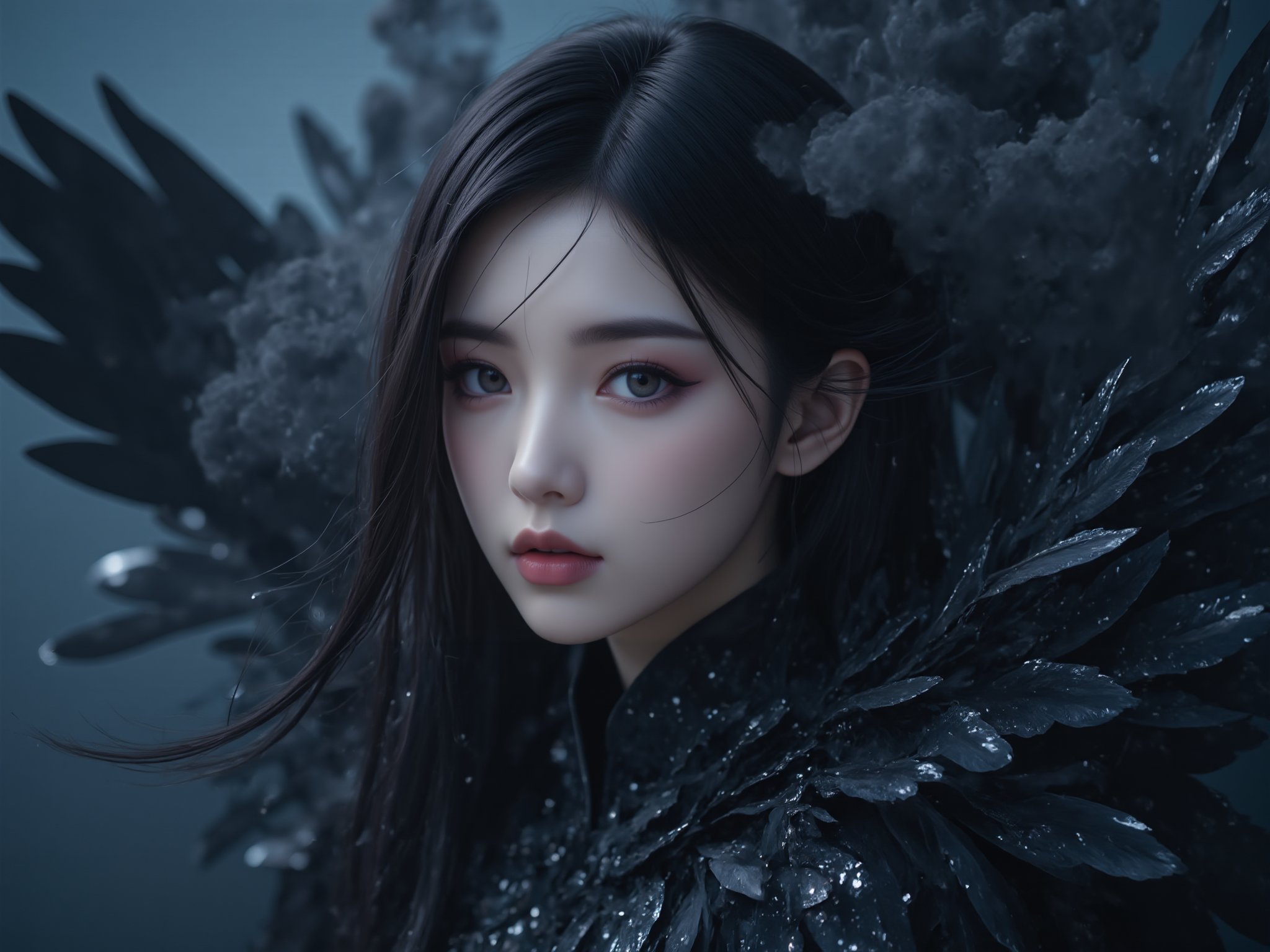 (Exquisite beauty portrait of a 20-year-old Chinese goddess with long black hair and delicate features)imagine Dark Gothic spirit portrait by Shen Wei, brooding beauty draped in shadowy feathered wings emerging from swirls of dense atmospheric black smoke, rendered in somber tones of charcoal blues and glinting metallic accents, supremely sculpted lighting accentuating sleek textures and high contrast forms, poetic melancholy narrative conveying essence of yin and feminine mystery, high-art photography excellence, 8K<lora:极品超模V8_2.0:0.8>