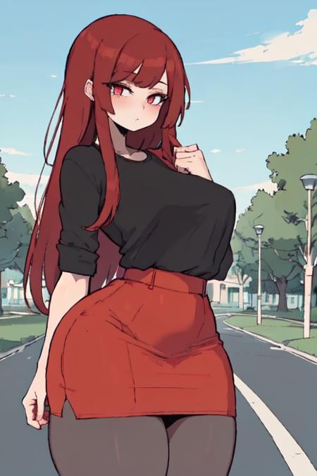 masterpiece, high quality, detailed, extremely detailed, 4K, in the middle of an empty park, long hair, red hair, red pencil skirt, black shirt, black pantyhouse, <lora:Sueyuu_Style:1> sueyuu style, flat colors, white iris and black pupil, thick lines,