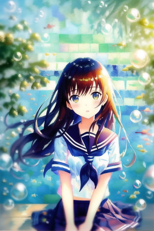 bubble, rating:safe, air_bubble, underwater, 1girl, fish, long_hair, submerged, school_uniform, serafuku, solo, water, skirt, neckerchief, short_sleeves,(Impressionism:1.4),