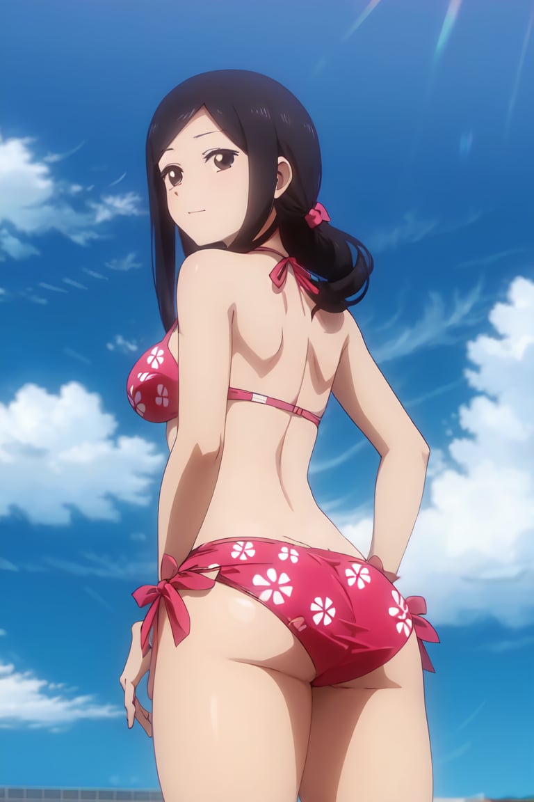 best quality, (masterpiece:1.2), detailed, perfect face, beautiful face,   <lora:Touko-13:0.7>,Touko, 1girl, solo, swimsuit, bikini, day, black hair, cloud, sky, breasts, brown eyes, long hair