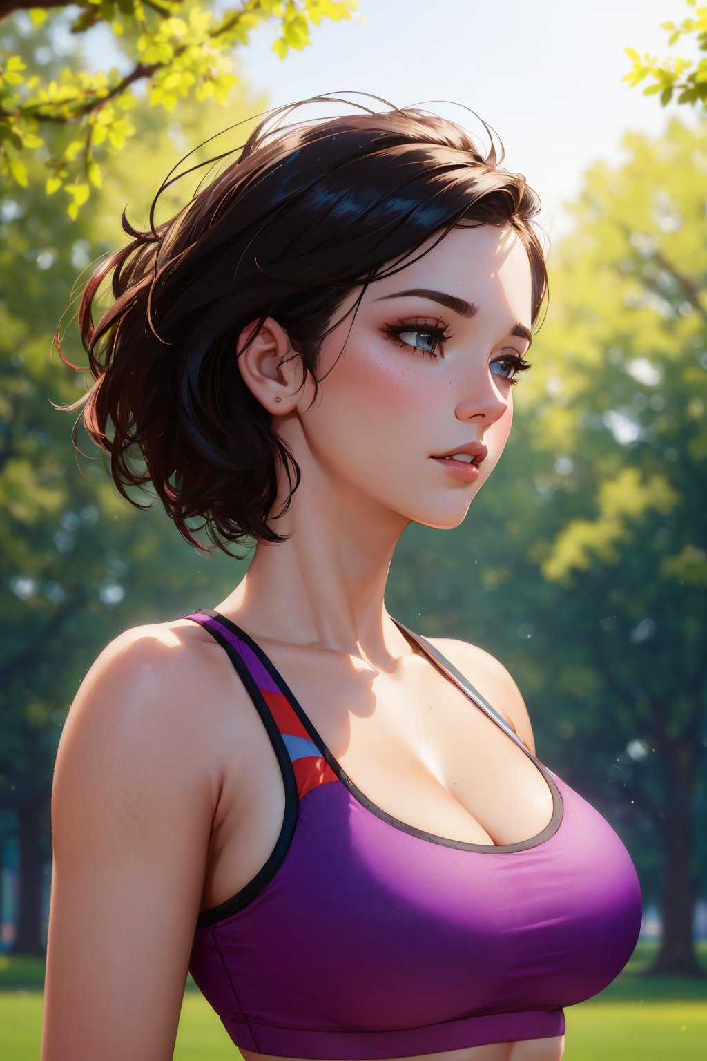 cleavage, sports bra, detailed face, colorful clothing, park, sky, trees, (sharp focus:1.2), portrait, ((posing)), (beautiful face:1.1), detailed eyes, luscious lips, ((skindentation)), (bright studio lighting:1.2), depth of field, bokeh, 4K, HDR. by (James C. Christensen:1.2|Jeremy Lipking:1.1)