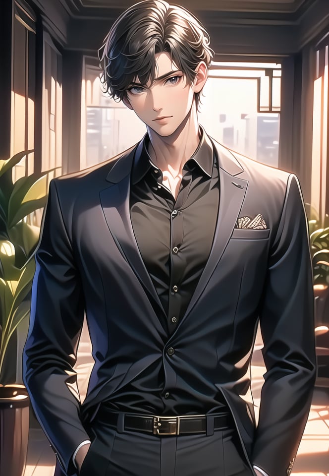 (best quality), ((masterpiece)), (highres), illustration, original, extremely detailed,male focus, 1boy, solo, shirt, black hair, looking at viewer, black shirt, short hair, plant, jacket, belt, formal, collared shirt, indoors, pants, suit, standing, black belt, long sleeves, closed mouth, black pants, black jacket