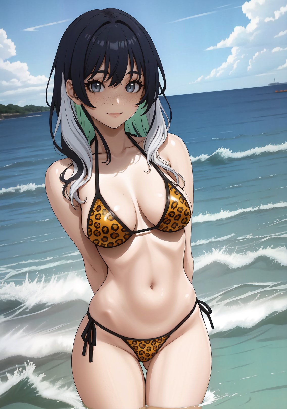 masterpiece, best quality, very aesthetic, ultra detailed, intricate details, 4k, anime style,leopardb, 1girl, solo, long hair, smile, grey eyes, eyelashes, green hair, multicolored hair, two-tone hair, chain, white hair, black hair, freckles,navel, cleavage, swimsuit, bikini, animal print, micro bikini, yellow bikini, highleg bikini, leopard print, gegera, upper body, arms behind back, looking at viewer, outdoors, ocean, water, waves, <lora:Leopard:1>, <lora:LoRA_Gegera_Style:1>,