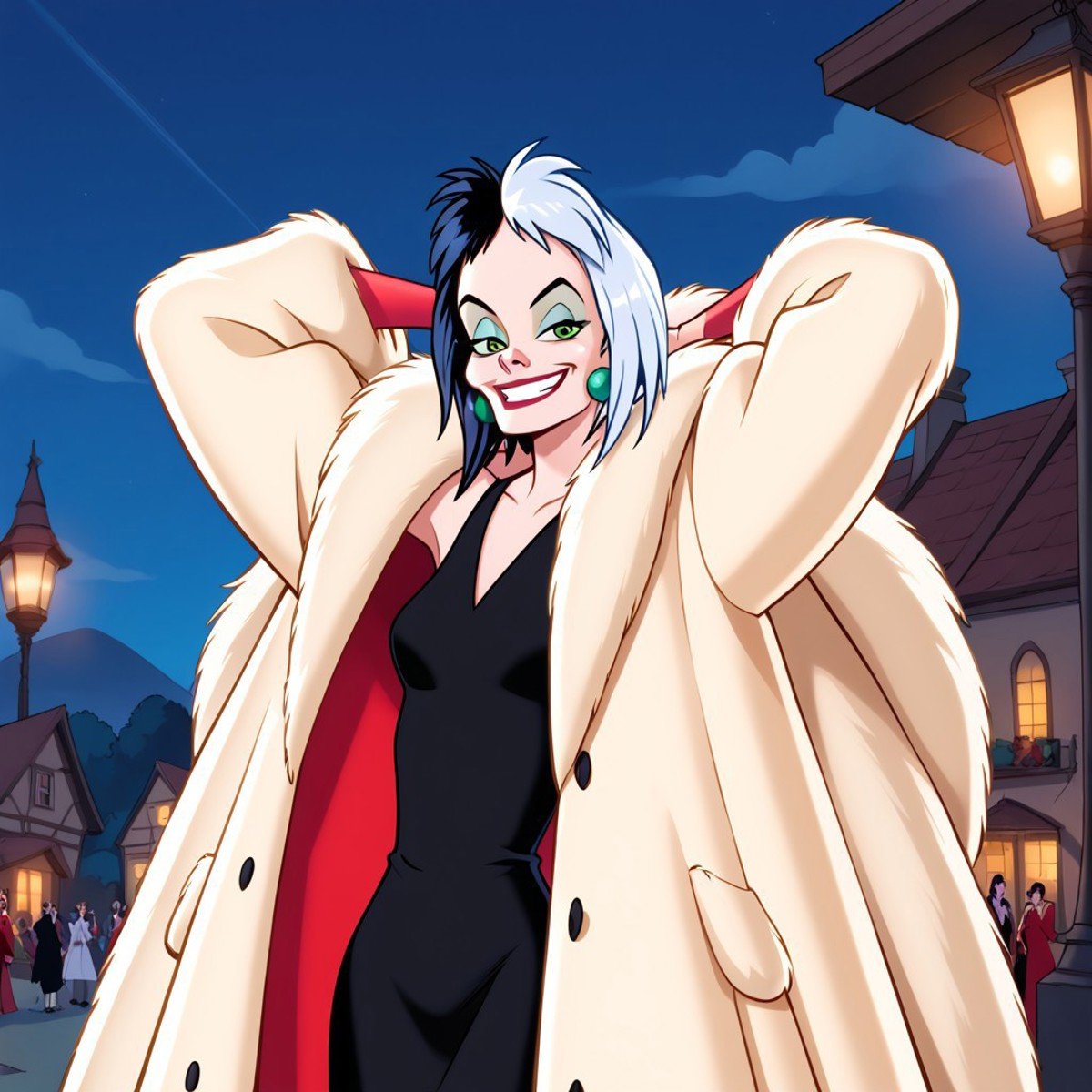 score_9, score_8, score_9, BREAK, cruella, multicolored hair, dress, fur coat, earrings, ring, hands behind head, smirk, outdoors, natural lighting