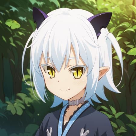 score_9, score_8_up, score_7_up, score_6_up, score_5_up, score_4_up, source_anime, , Shiroyasha, blue hair, white hair, yellow eyes, short hair, pointy ears, slit pupils, horns, choker, , soft smile, portrait