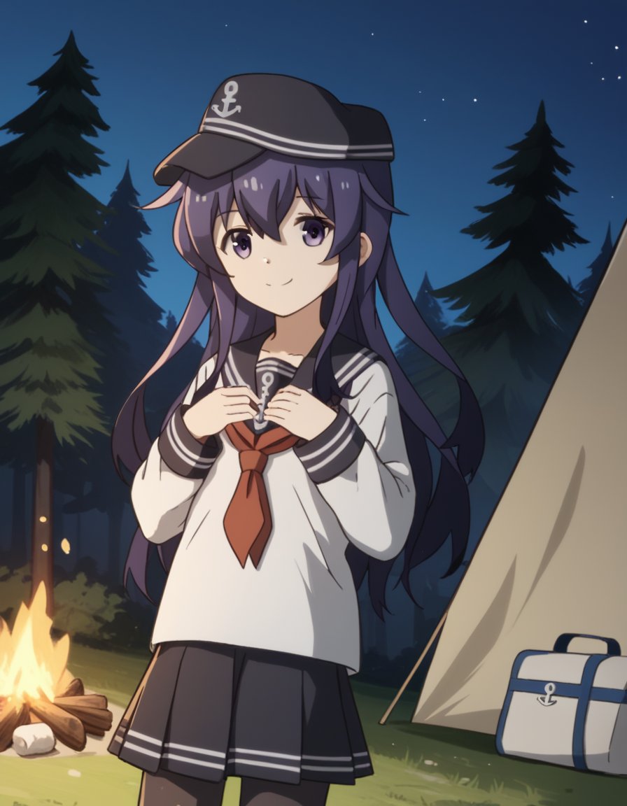 score_9, score_8_up, score_7_up, source_anime, <lora:kancolle-akatsuki-s1-ponyxl-lora-nochekaiser:1>, akatsuki, long hair, hair between eyes, purple eyes, purple hair, akatsuki (kancolle), skirt, shirt, long sleeves, hat, school uniform, pantyhose, pleated skirt, serafuku, black skirt, sailor collar, neckerchief, black pantyhose, red neckerchief, anchor symbol, flat cap,, camping, bonfire, tent, stargazing, marshmallows, forest clearing, night, , looking at viewer, hands on own chest, smile, solo,, cowboy shot, dutch angle