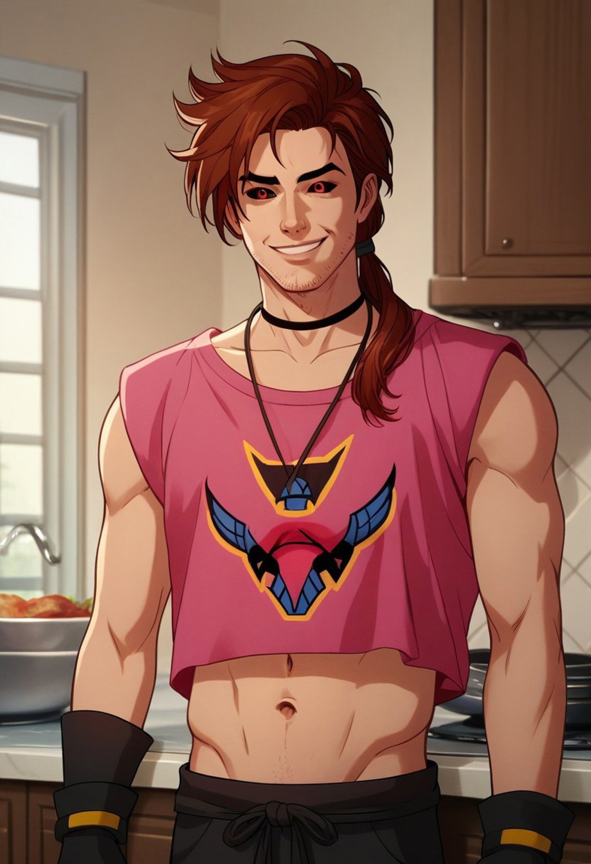 Dsk_Remy_Lebeau, 1boy, auburn hair, black gloves, black sclera, choker, colored sclera, facial hair, fingerless gloves, gloves, indoors, jewelry, kitchen, long hair, male focus, navel, necklace, low ponytail, red eyes, shirt, pink crop top, detailed eyes, smile, solo, stubble, upper body, against the wall, standing, extreme light and shadow, portrait photography, cinematic lighting, cinematic angle, score_9, score_8_up, score_7_up, score_6_up, score_5_up, score_4_up,