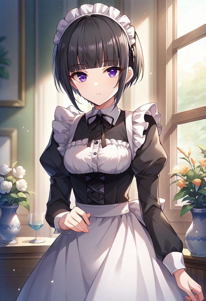 score_9, score_8_up, score_7_up, source_anime, shirayuki chiyo, black hair, purple eyes, short hair, 1girl, solo, maid headdress, looking at viewer, long sleeves, maid, puffy sleeves, blunt bangs