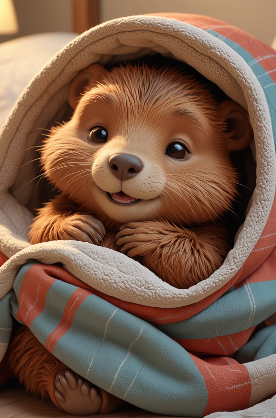 Cute cartoon style of a adorable little colourful Beaver, snuggled, curled up, smiling, sleeping with a little blanket, tiny bedroom, on a bed under the blanket, ethereal, soft, detailed, beautiful, cosy, cute, Pixar, snoozing, 3D render, UHD