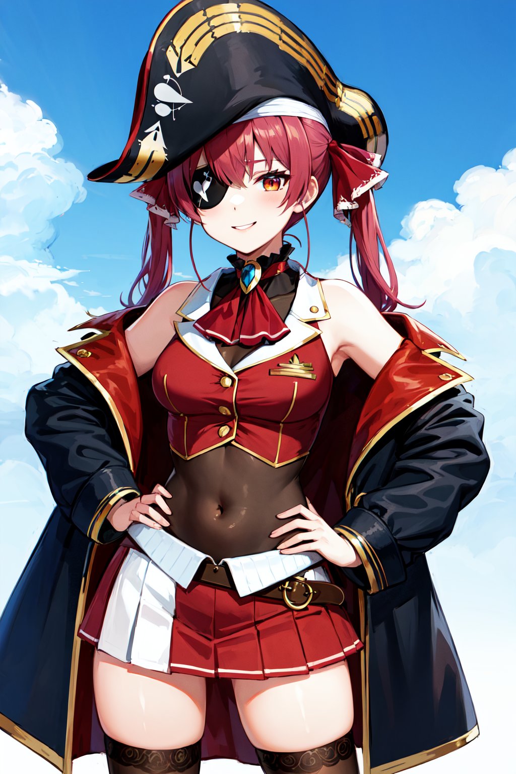 masterpiece, best quality, highres, aamarine, twintails, pirate hat, eyepatch, red ascot, bare shoulders, red shirt, off shoulder, black coat, see-through, covered navel, leotard under clothes, belt, pleated skirt, red skirt, black thighhighs, <lora:houshou_marine_v1:0.7>, hands on hips, smile, standing, cowboy shot, blue sky