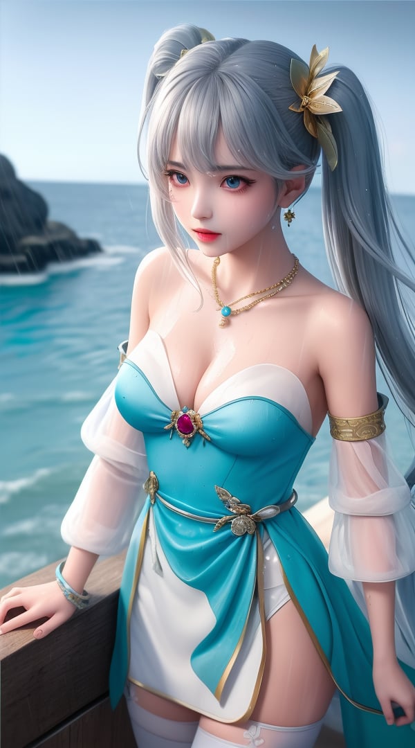 <lora:380-DA-武动乾坤-林青檀:0.8> ,(,1girl, ,best quality, ),looking at viewer, ,ultra detailed 8k cg, ultra detailed background, ultra realistic 8k cg,  ,masterpiece((((1girl, solo,  , ,solo focus, wet,sweat, ocean,rain, water drop, )))) (, , sweatdrop, flying sweatdrops, sweating profusely,colorful drop \(module\), ) flawless, clean, masterpiece, professional artwork, famous artwork, cinematic lighting, cinematic bloom,  dreamlike, unreal, science fiction, luxury, jewelry, diamond, gold, pearl, gem, sapphire, ruby, emerald, intricate detail, delicate pattern, charming, alluring, seductive, erotic, enchanting, hair ornament, necklace, earrings, bracelet, armlet,halo, 1girl, solo, blue_ribbon, detached_sleeves, ribbon, long_hair, twintails, thighhighs, bow, blue_sleeves,silver hair, 