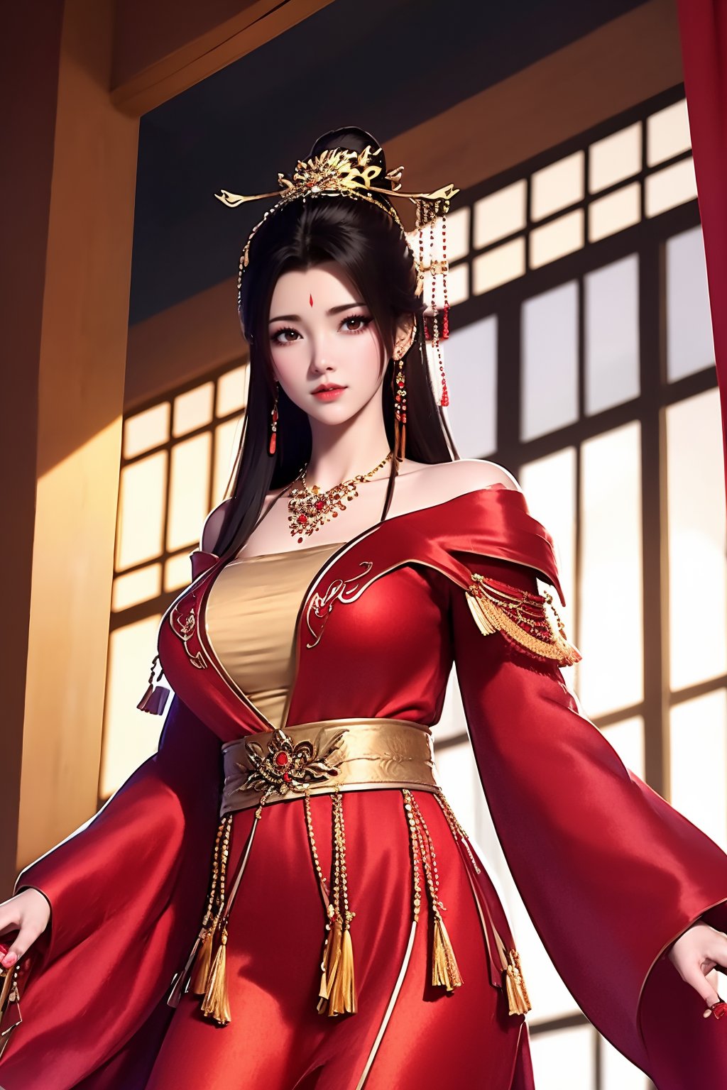 1girl, dress, solo, jewelry, red dress, black hair, long hair, earrings, forehead mark, facial mark, necklace, night, breasts, hair ornament, bare shoulders, red nails, looking at viewer, sky, large breasts, long sleeves, closed mouth, chinese clothes, hair bun, building, tassel, window, sash, nail polish, upper body, off shoulder