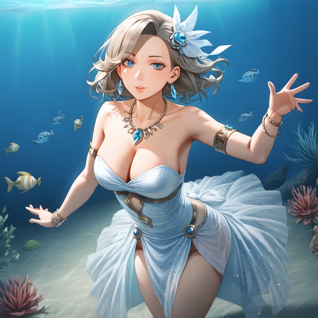 (,1girl, ,best quality, ),,masterpiece, ((((, solo,  , ,solo focus, ,underwater, )))) ,ultra realistic 8k cg,   clean, masterpiece,     cinematic lighting, cinematic bloom,  (( , )),, , unreal, science fiction, luxury, jewelry, diamond, gold, pearl, gem, sapphire, ruby, emerald, intricate detail, delicate pattern, charming, alluring, seductive, erotic, enchanting, hair ornament, necklace, earrings, bracelet, armlet,,(cleavage),,