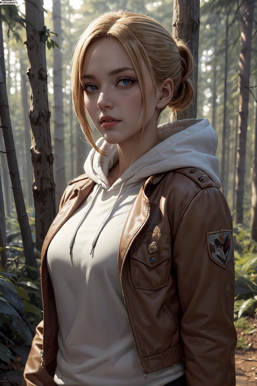 masterpiece, best quality, ultra-detailed, annie_leonhardt, 1girl, milf, mature face, thick, solo, long sleeves, jacket, open clothes, hood, open jacket, hoodie, hood down, brown jacket, white hoodie, paradis military uniform, forest background, volumetric lighting, intricate details, tonemapping, sharp focus, hyper detailed, trending on Artstation <lora:Annie:0.5>