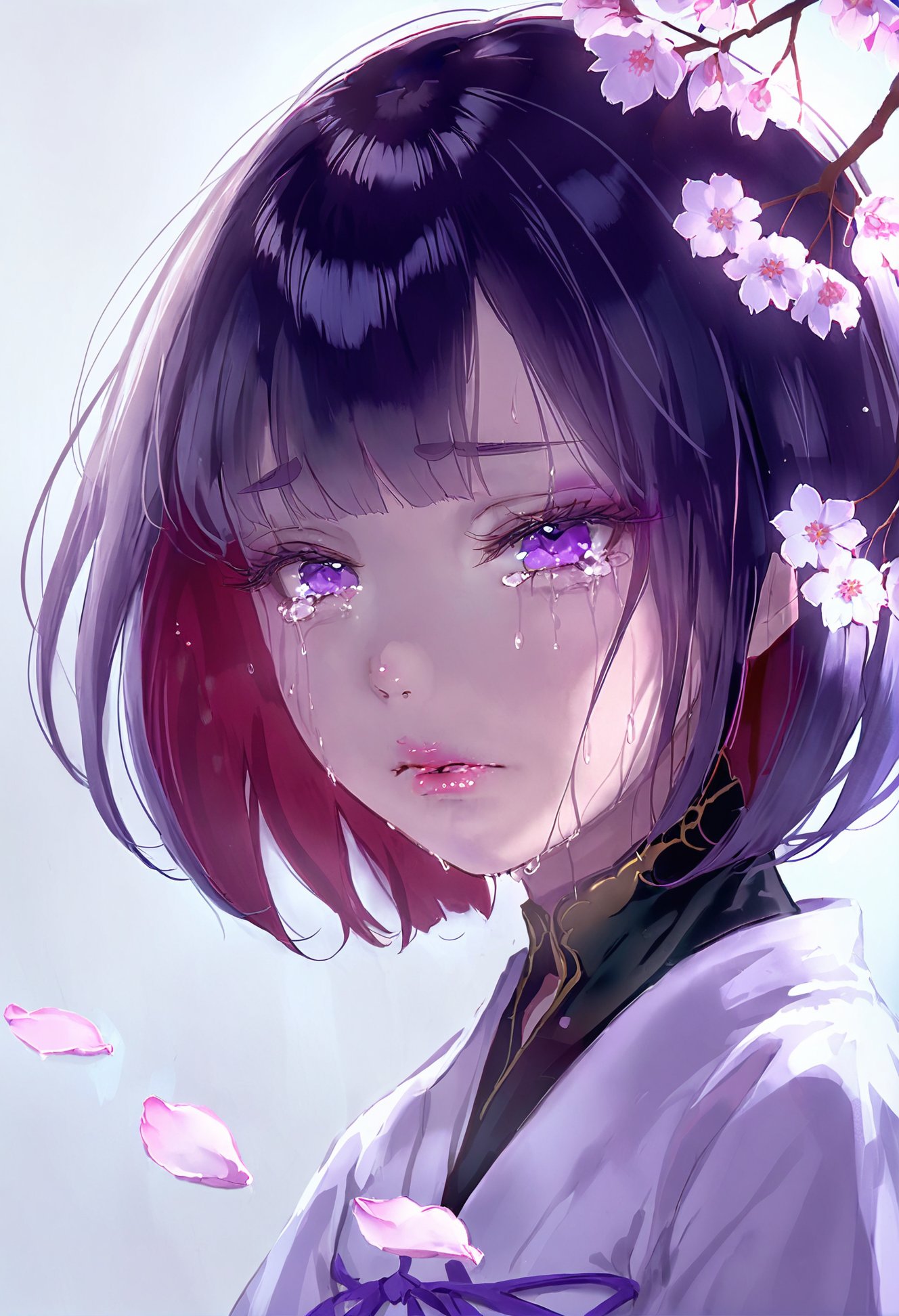 masterpiece, best quality,1girl,   solo, tears, close-up, petals, crying, crying with eyes open, purple eyes, bangs, portrait, black hair, short hair, blurry, purple hair, eyelashes, cherry blossoms, red hair, depth of field, black background, serious, blue eyes, forehead, black eyes, looking at viewer, pink lips, hair between eyes, brown hair, frown, closed mouth, sidelocks, white eyes, simple background <lora:1111111XLlokr8f-000187:0.95>