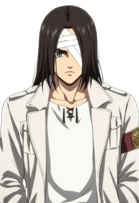 A digital drawing in a realistic anime style depicting a young man with a serious, determined expression. He has long, dark hair and is dressed in a worn-out white military-style jacket over a simple white shirt. His face is partially obscured by a white bandage wrapped around his head, covering his eyes and suggesting he might be injured, adding to the intensity of his appearance, eren yeager.