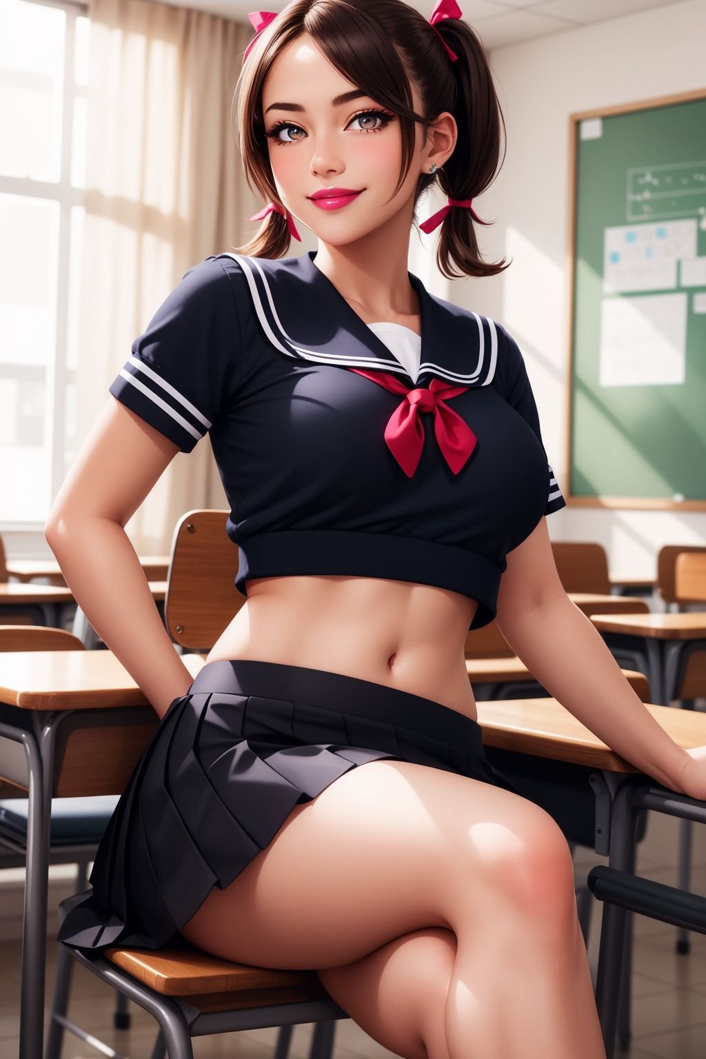 ((ultra realistic, best quality, masterpiece, perfect face)), extremely detailed, 8k, highly detailed, shiny skin, Depth of field, vivid color, 1girl, cute, schoolgirl, brunette, (fit:0.8), (full body:0.6), solo, school uniform, crop top, navel, miniskirt, short skirt, black hair, short pigtail hair, hair ribbon, glowing eyes, beautiful eyes, embarrassed, sitting, in the classroom, (evil smile:1.2), sharp focus, high quality, hires, detailed, beautiful, (crossed legs:1.2), round breasts, flirting, make-up, pink lips, red blush, black eyeliner,