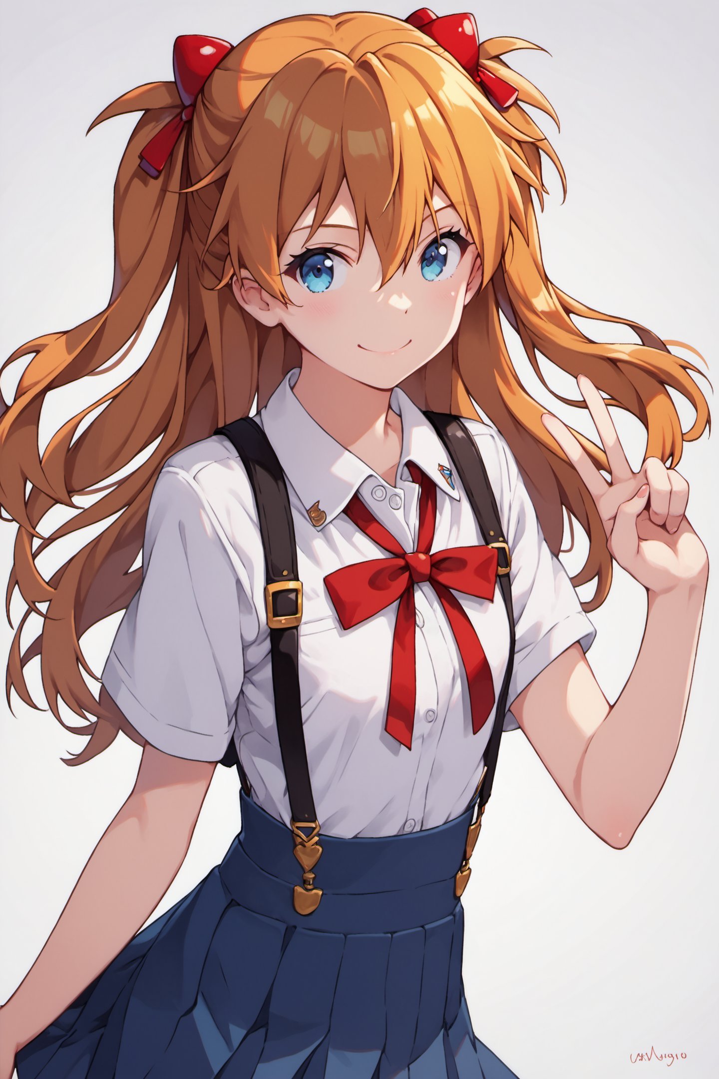 1girl,souryuu asuka langley,solo,long hair,school uniform,blue eyes,smile,white background,ribbon,shirt,simple background,orange hair,short sleeves,skirt,red ribbon,neck ribbon,white shirt,bangs,hair between eyes,looking at viewer,tokyo-3 middle school uniform,signature,closed mouth,two side up,hair ornament,suspender skirt,interface headset,suspenders,v,cowboy shot,blue skirt,score_9,score_8_up,<lora:Kanzaki Hiro_XL_PONY:0.9>,