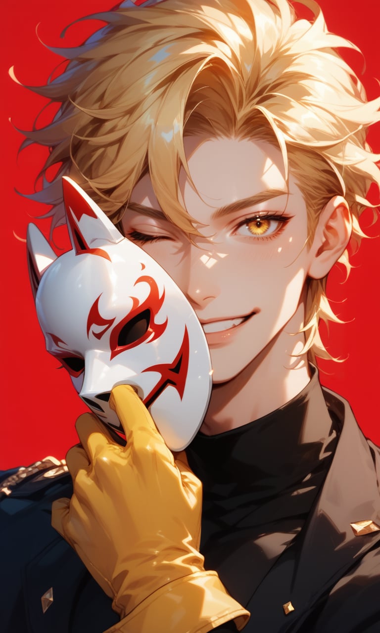 score_9, score_8_up, score_7_up, score_6_up, 1boy, solo, male focus, red background, one eye closed, blonde hair, gloves, smile, simple background, mask, yellow gloves, looking at viewer, upper body, mask removed, holding mask