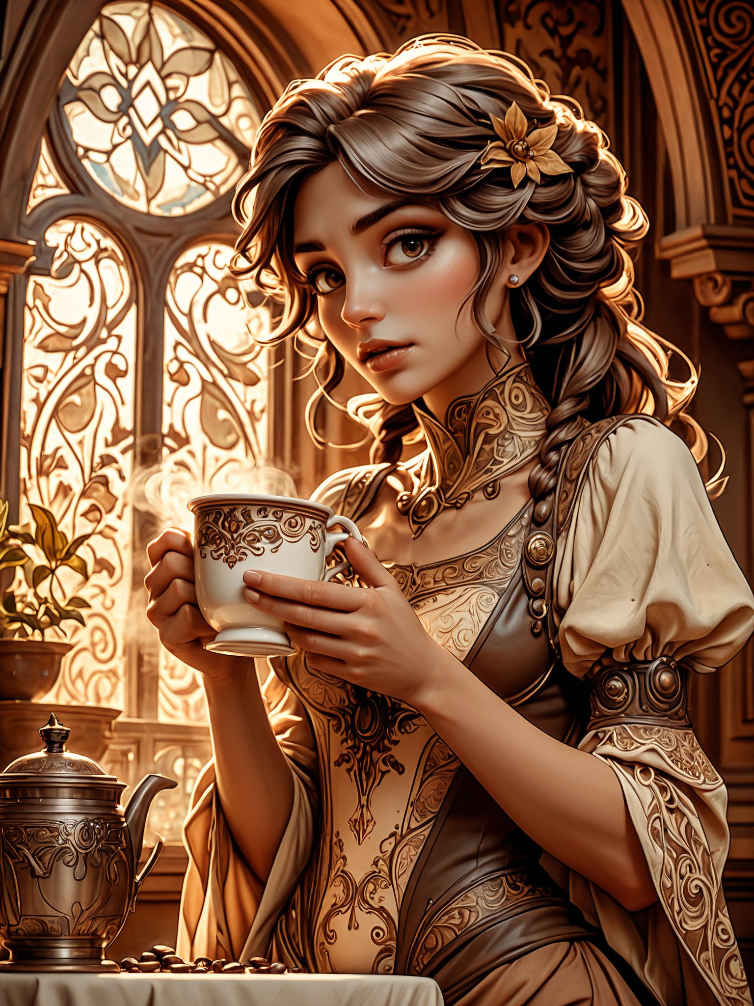 highly detailed, fantasy art in the style of Alphonse Mucha, WOMAN holding a cup of steaming hot coffee, aesthetic sepia ink drawing, conceptual art, reference illustration, extremely beautiful, professional, dynamic, looking at viewer, high contrast, (intricate details, masterpiece, best quality:1.4), epic action, Unreal Engine, cinematic award winning artwork, many details, extreme detailed, full of details,Wide range of colors., dramatic, Dynamic,Cinematic,Sharp details, Insane quality. Insane resolution. Insane details. Masterpiece. 32k resolution. casting shadow style, cucoloris patterned illumination,  dvr-lnds-sdxl, ral-dissolve, ral-ertmsphr, ral-porcelain, ral-pxlprtcl, Niji, aidma-niji