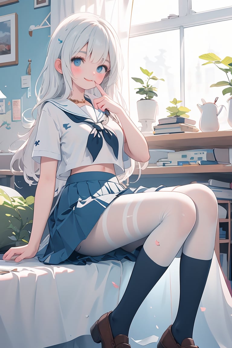 finely detail,Depth of field,(((masterpiece))),((extremely detailed CG unity 8k wallpaper)),best quality,high resolution illustration,Amazing,highres,intricate detail,best illumination,best shadow,1girl,solo,white pantyhose,curtains,curtain grab,long hair,school uniform,skirt,window,serafuku,looking at viewer,smile,blue eyes,pleated skirt,blush,sitting,short sleeves,white shirt,shirt,indoors,sailor collar,socks,blue skirt,midriff peek,bangs,kneehighs,index finger raised,black socks,finger to mouth,