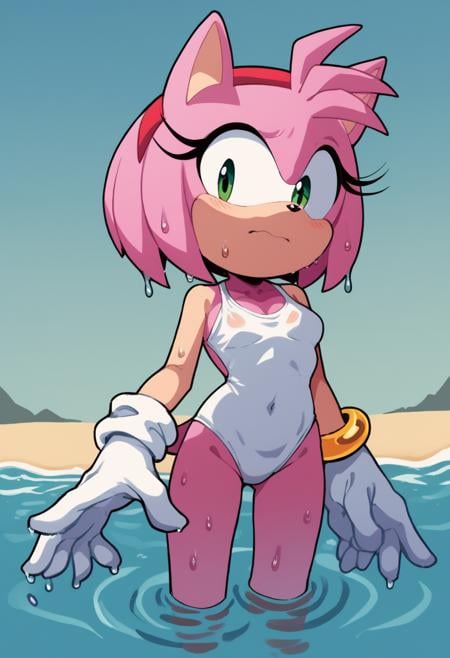 score_9, score_8_up, score_7_up, score_6_up, score_5_up, score_4_up, 1girl, solo, amy rose, wet, submerged in water, teeth, surprised, closed mouth, nervous, looking at viewer, exposed shoulder, beach, white swimsuit, pink hair, sonic (series), fuckwolfamy, seducing, Fixhand, petite, tiny breasts, tiny woman, outlines, (thick outlines), <lora:FWAV2a-20:0.8> , ((flat color)) , gloves, short stack, shortstack, thin legs, slim, slender, green eyes, 5 fingers