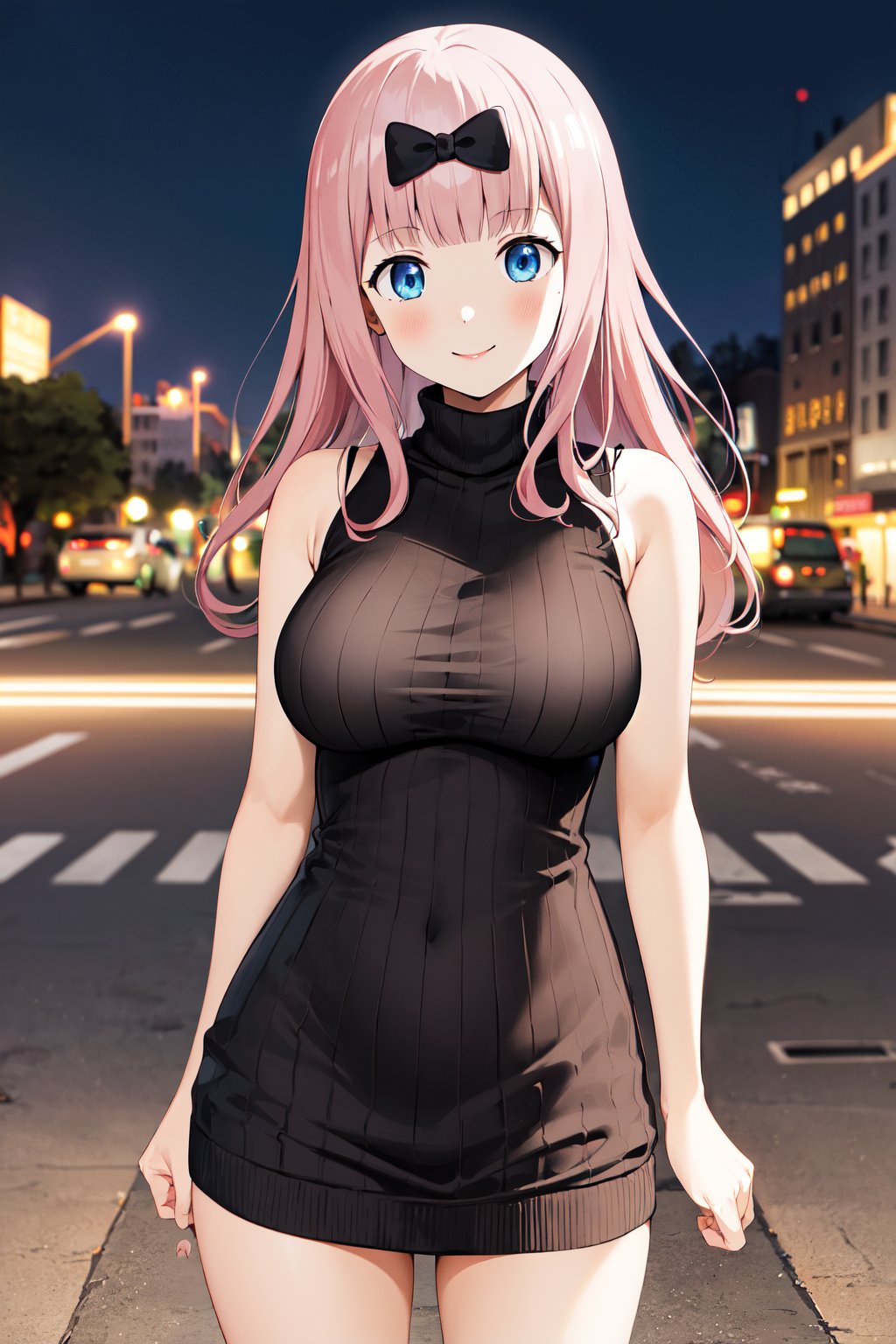 masterpiece, best quality, highres, aachika, long hair, hair bow, <lora:fujiwara_chika_v2:0.7>, night, city, street, sweater dress, sleeveless, turtleneck, virgin killer sweater, smile, standing, cowboy shot,