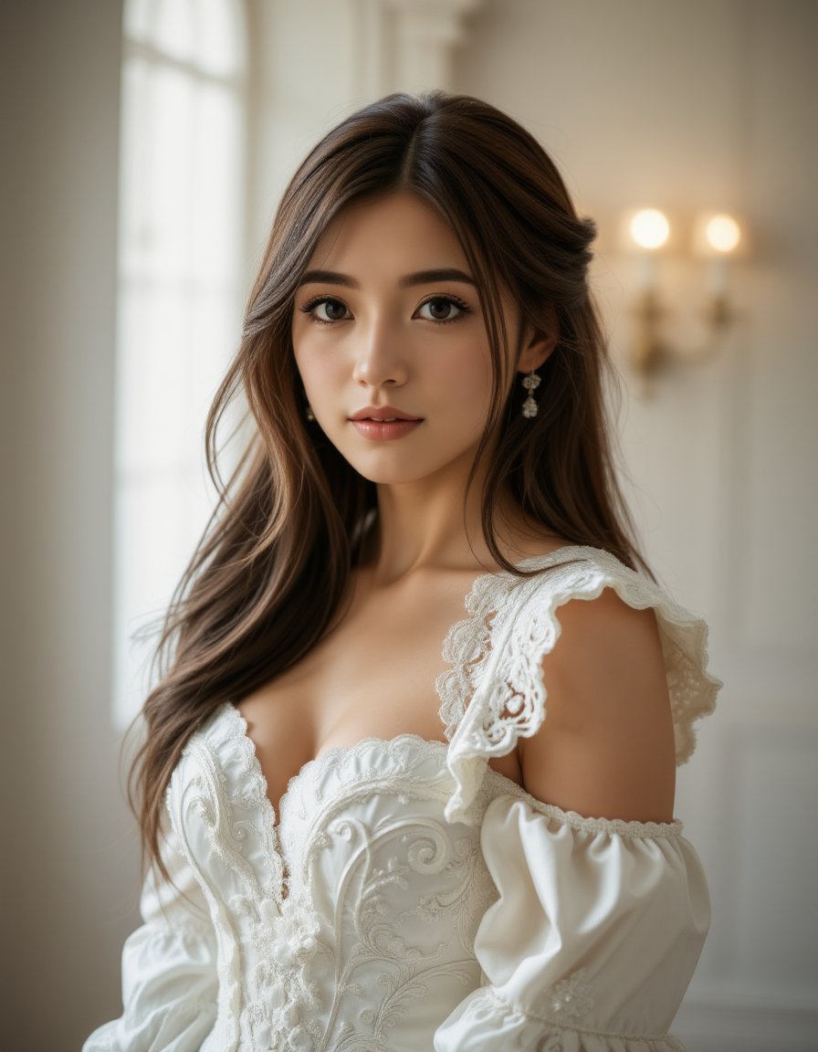 A best quality, masterpiece, ultra sharp photographic, raw photo of a girl dressed in an ornate white off-shoulder Rococo gown, embodying the elegance of 19th-century fashion. Her long brown hair flows gracefully over her shoulders, framing her shy face as she looks directly at the camera with a gentle, demure expression. The photo captures her at eye level, highlighting her delicate features and the subtle hint of cleavage visible through the intricate detailing of her gown. The setting is simple, with a clean background that keeps the focus on her. The shot is taken from a middle distance using a long-range lens, creating a professional cinematic feel with soft shadows and a subtle bokeh effect that blurs the background beautifully. Far side key lighting casts a soft, even glow on her, enhancing the balanced contrast and exposure, making every detail of her outfit and expression stand out. The overall composition exudes a timeless elegance, with the photograph perfectly capturing the blend of historical style and modern photography techniques,  <lora:hinaFluxAsianMixLora-schnell_v2:0.9>