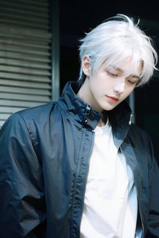 male focus, 1boy, solo, white hair, realistic, upper body, gojou satoru, jacket, blue eyes, long sleeves, black jacket, high collar, bangs, closed mouth, short hair, looking down, holding, half-closed eyes