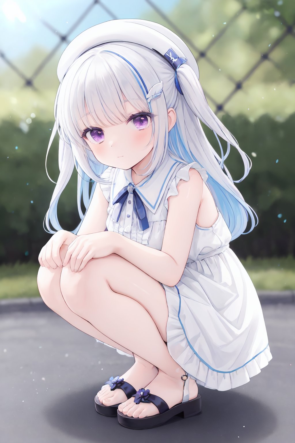 1girl,lize helesta,virtual youtuber,squatting,blue hair,dress,blurry,sandals,outdoors,multicolored hair,hat,blurry background,white footwear,solo,purple eyes,bangs,hair ornament,duck,white dress,sleeveless,depth of field,looking at viewer,day,bird,white hair,blush,fence,sleeveless dress,closed mouth,colored inner hair,white headwear,two-tone hair,sun hat,full body,hairclip,frills,streaked hair,two side up,chain-link fence,one side up,toes,yunmi style,sf5etf98,s6f8ey8vsdj,dr6g8cvwo,s5fr8gt,a35veo8vsdo,c6gw9oyh,c6s9eo5j,