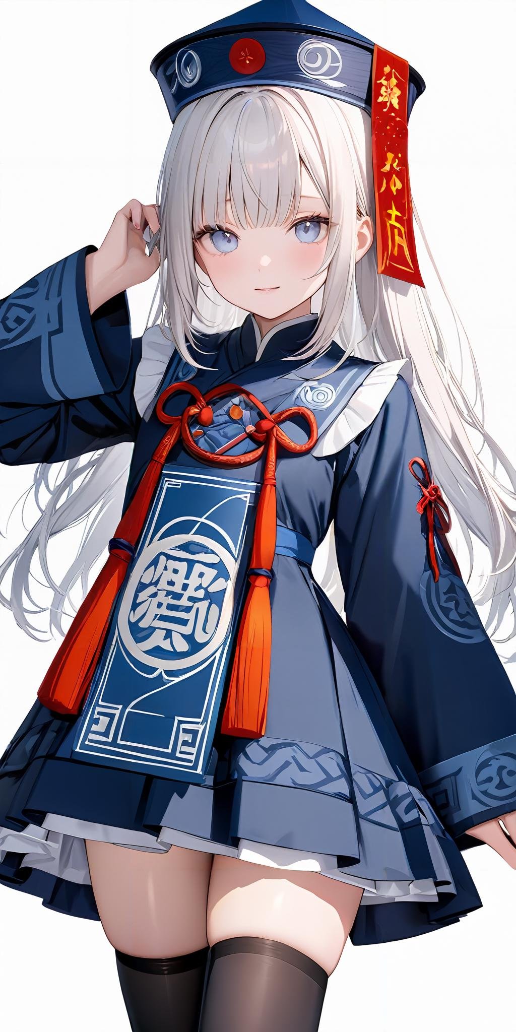 masterpiece,ultra-detailed,best quality,8K,illustration,cute face,clean skin ,shiny hair,girl,simple background, <lora:add-detail-xl:1> <lora:jiangshi dress_XL_V1.0:1> jyojifuku, ofuda, blue dress, ribbon,hat,thighhighs,shoes,frills