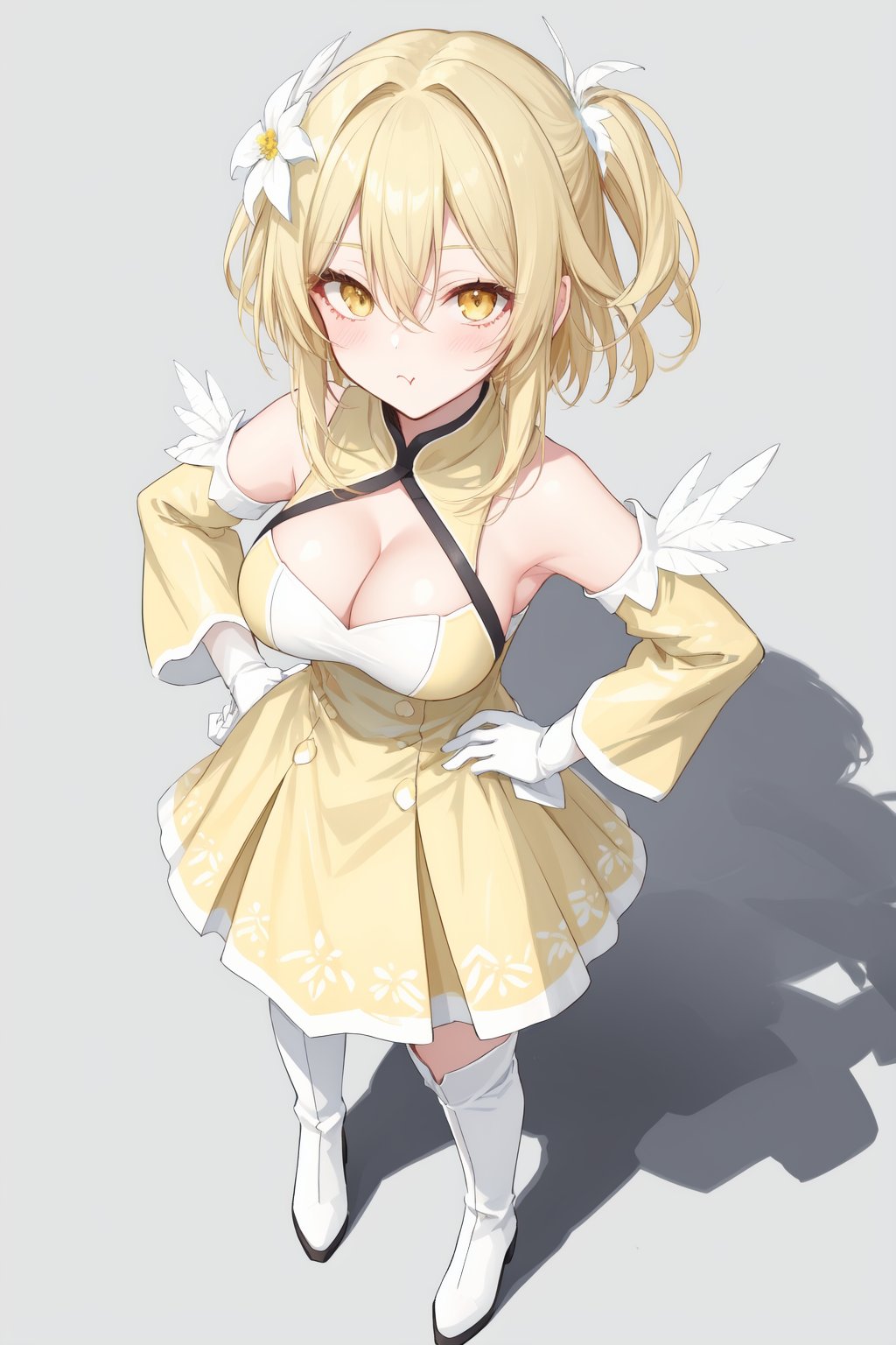 1girl, breasts, blonde hair, solo, cleavage, hair ornament, hair flower, pout, yellow eyes, ying dress, hands on hips, looking at viewer, bare shoulders, large breasts, blush, thigh boots, hair between eyes, detached sleeves, boots, bangs, feather hair ornament, =3, from above, white footwear, feathers, full body, white flower, :t, standing, gloves, po style, s6xryc3, add9evlo65x, sfd6de8tv, sd6cepo5s, sf6ce9w8hd, sd69eogd, 5wsd6gics